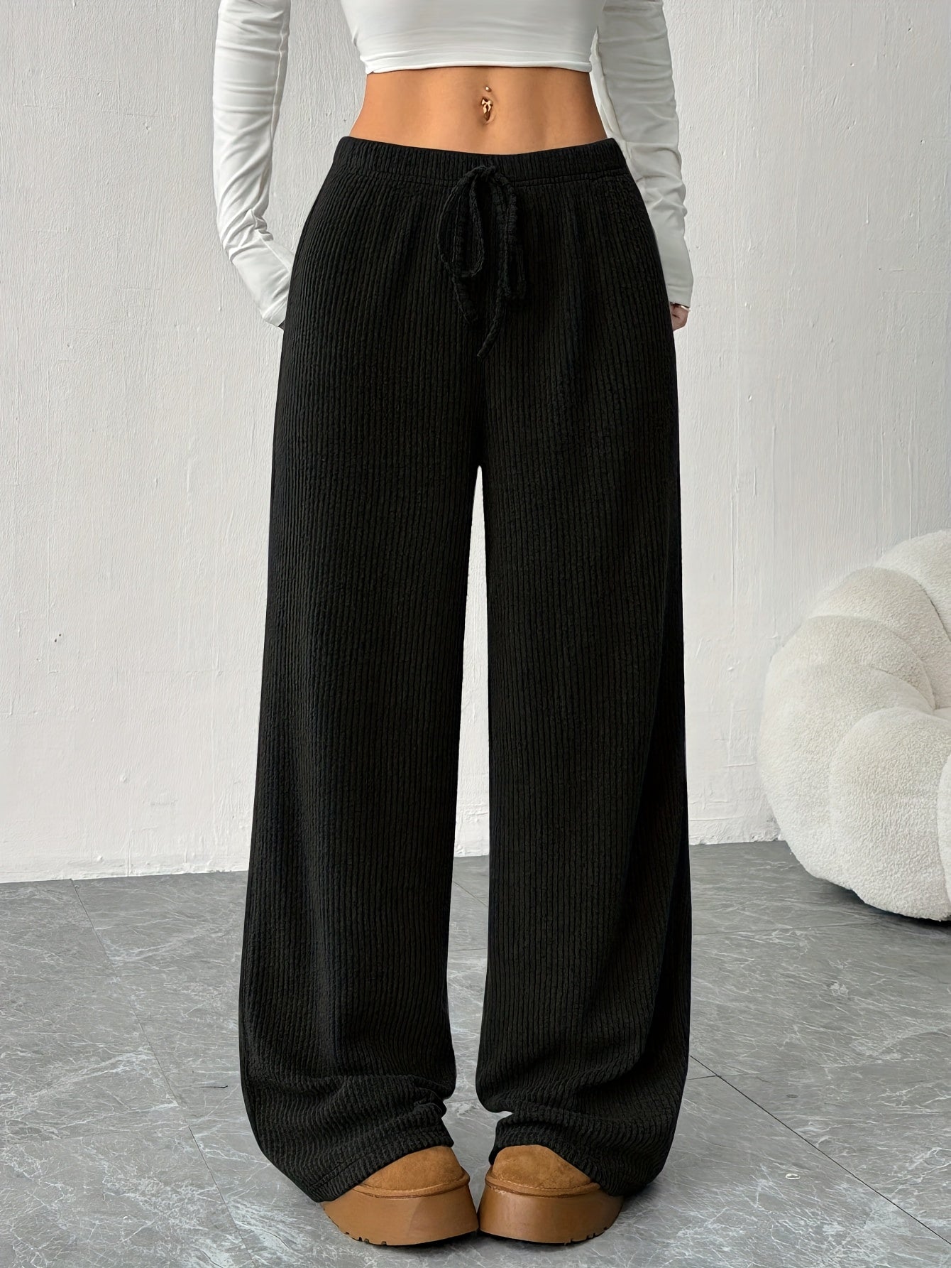 Effortless Ribbed Knit Wide Leg Pants for Women with High Waist Drawstring Relaxed Flowing Casual Style