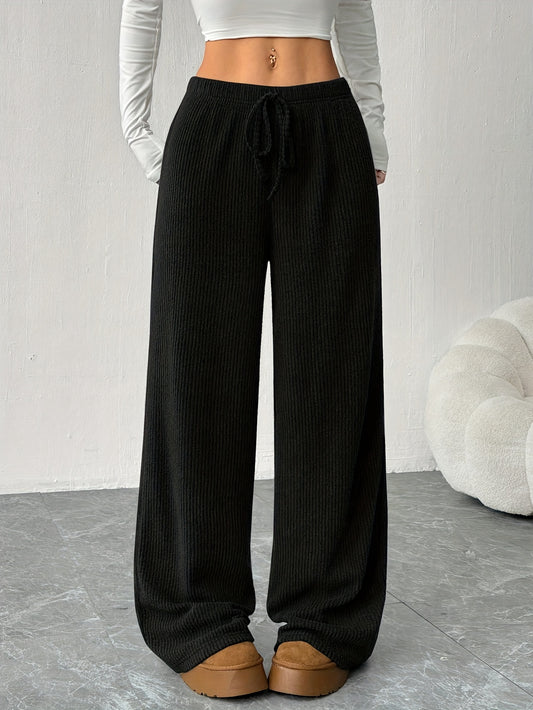 Effortless Ribbed Knit Wide Leg Pants for Women with High Waist Drawstring Relaxed Flowing Casual Style