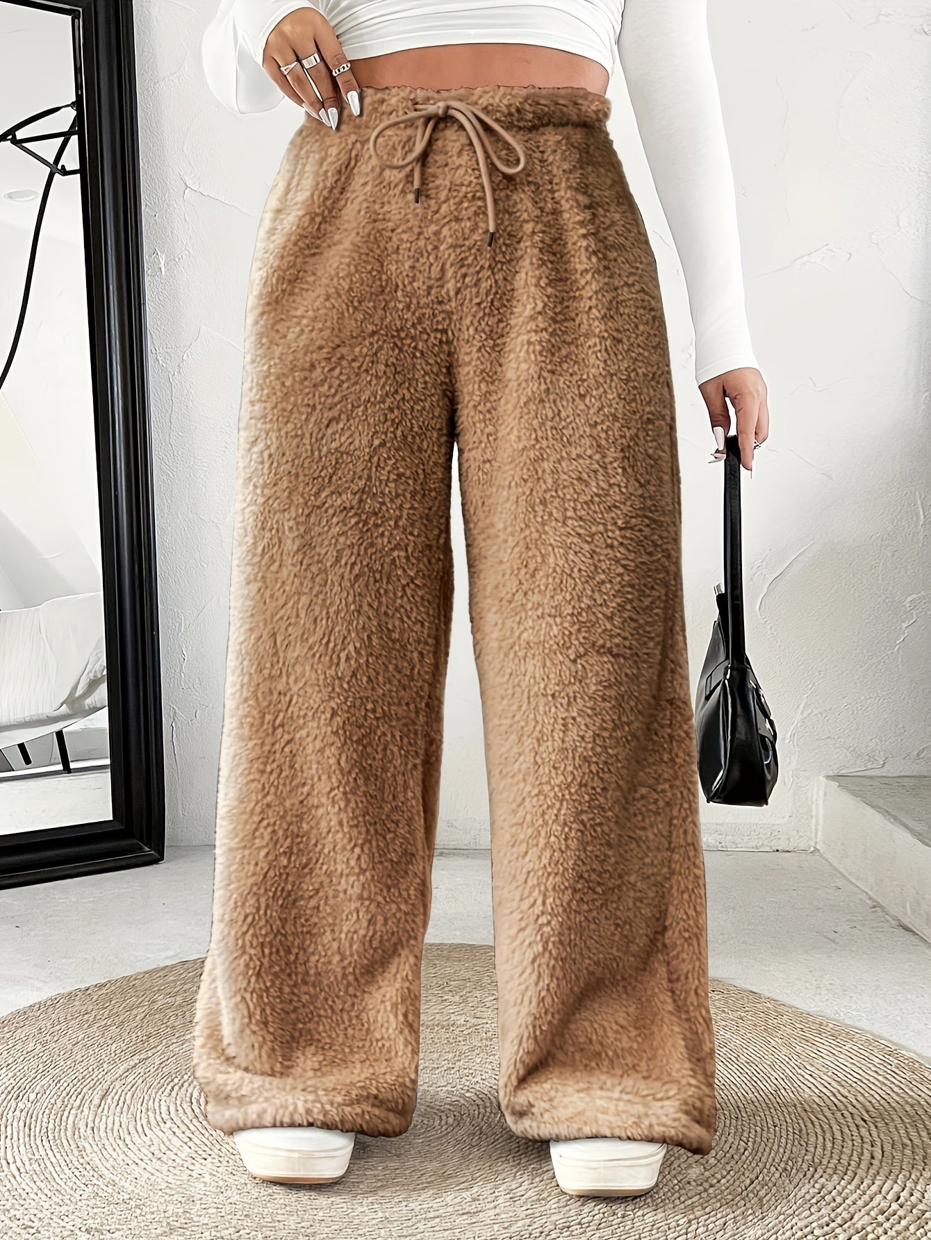 Effortless Fuzzy Fleece Wide Leg Pants for Women with High Waist Drawstring Relaxed Cozy Style