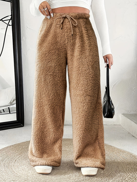Effortless Fuzzy Fleece Wide Leg Pants for Women with High Waist Drawstring Relaxed Cozy Style