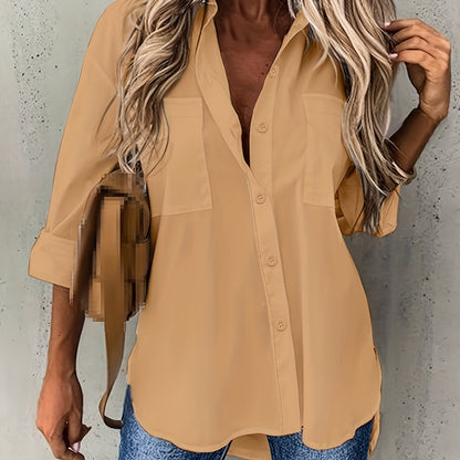 Effortless Button Front Blouse for Women with Collar V Neck Long Sleeve Relaxed Style