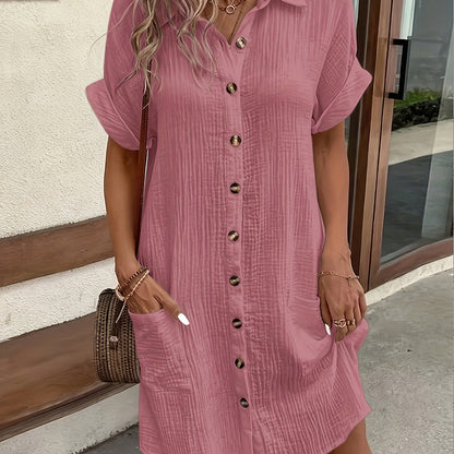 Effortless Textured Cotton Shirt Dress for Women with Collar Short Sleeve Button Front Relaxed Casual Style