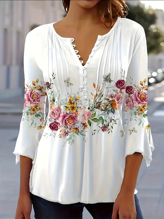 Effortless White Floral Blouse for Women with V Neck Bell Sleeve Button Front Pleated Casual Style