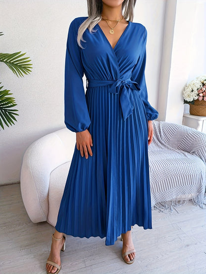 Elegant Pleated Wrap Maxi Dress for Women with V Neck Bishop Sleeve Belted Flowing Style