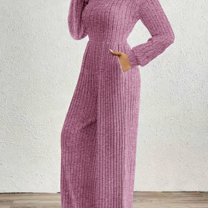 Elegant Ribbed Knit Jumpsuit for Women with Mock Neck Long Sleeve Wide Leg Casual Style