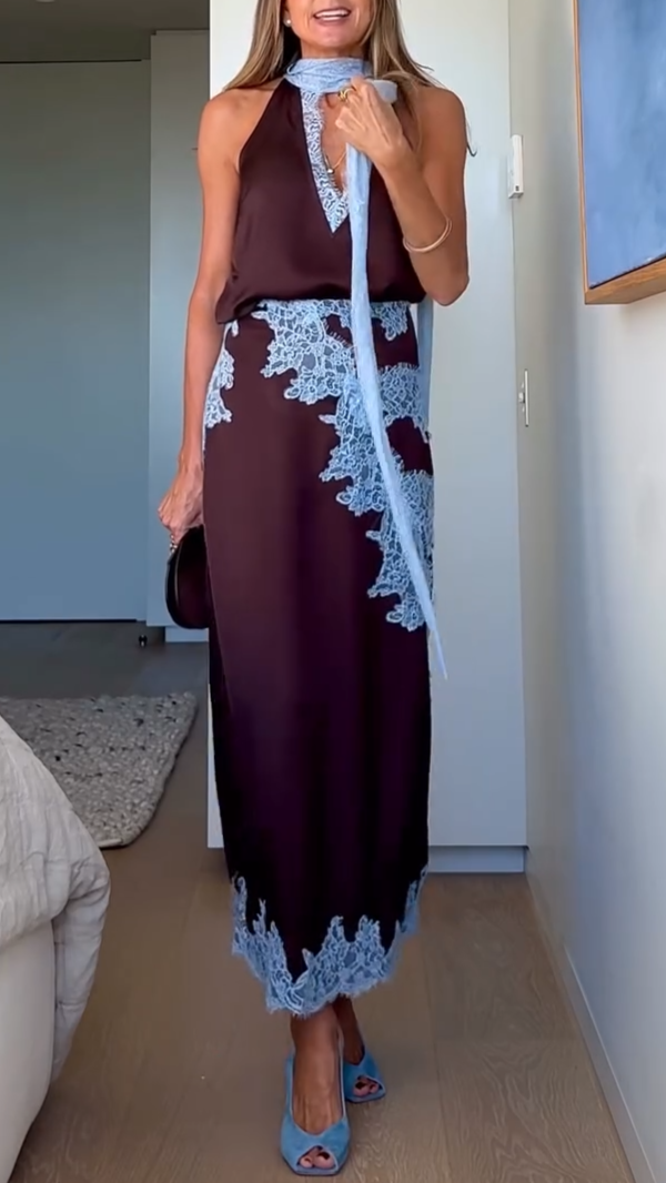 Elegant Brown Satin Two Piece Set for Women with Halter Neck Lace Trim Maxi Skirt Formal Wedding Guest Style