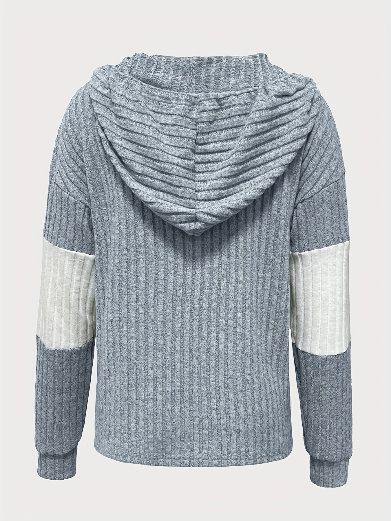 Comfortable Green Ribbed Knit Hoodie for Women with V Neck Long Sleeve Button Placket Relaxed Style