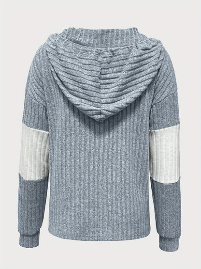 Comfortable Green Ribbed Knit Hoodie for Women with V Neck Long Sleeve Button Placket Relaxed Style