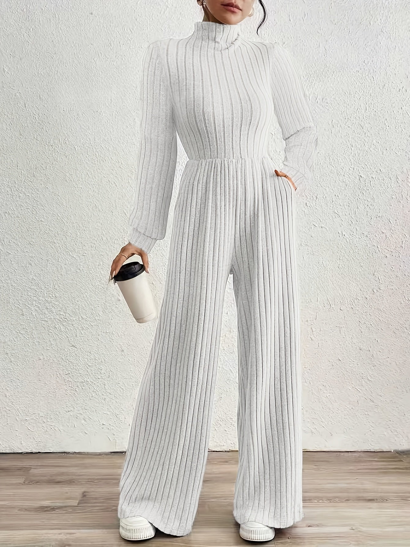 Elegant Ribbed Knit Jumpsuit for Women with Mock Neck Long Sleeve Wide Leg Casual Style