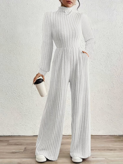 Elegant Ribbed Knit Jumpsuit for Women with Mock Neck Long Sleeve Wide Leg Casual Style