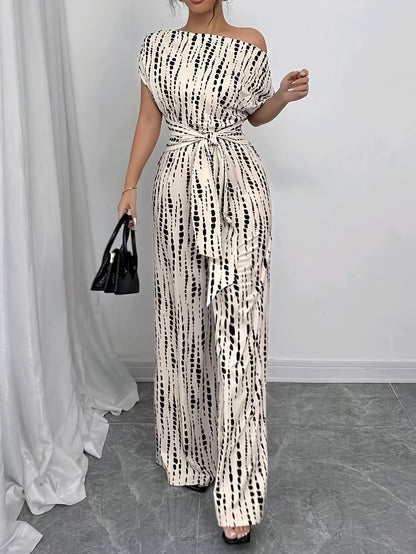 Elegant Apricot Abstract Print Jumpsuit for Women with One Shoulder Short Sleeve Belted Wide Leg Style