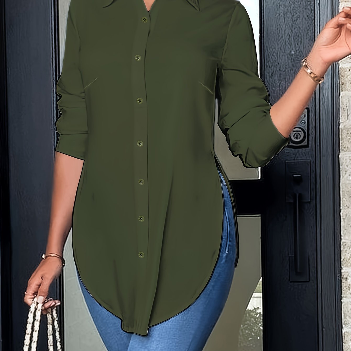 Effortless Tunic Blouse for Women with Collar Long Sleeve Button Front High Low Hem Style