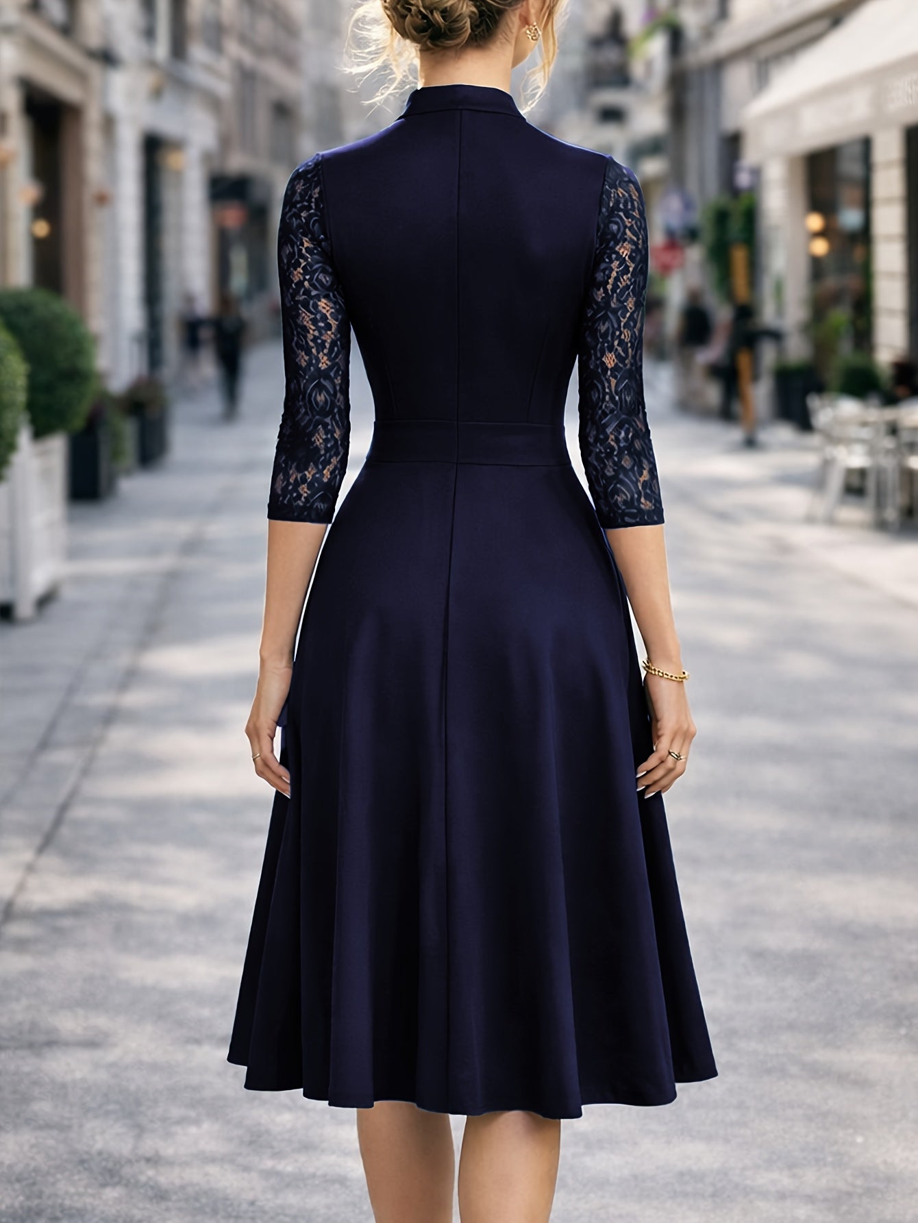 Elegant Lace Midi Dress for Women with V Neck Elbow Sleeve Fit and Flare Cocktail Style