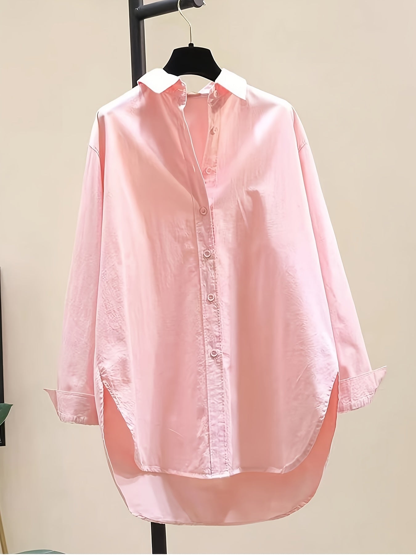 Effortless Oversized Blouse for Women with Point Collar Long Sleeve High Low Curved Hem Relaxed Style