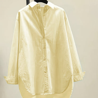 Effortless Oversized Blouse for Women with Point Collar Long Sleeve High Low Curved Hem Relaxed Style