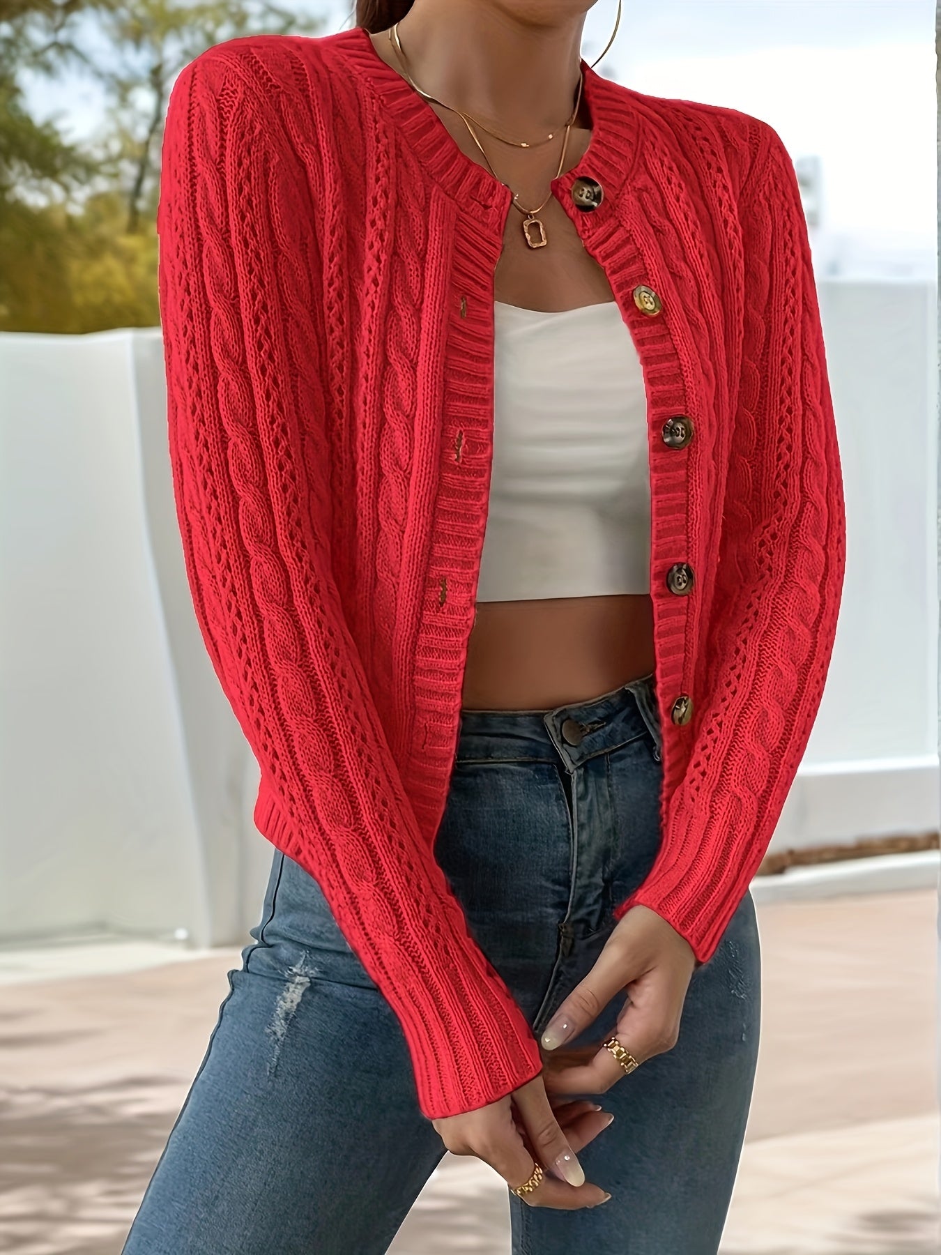 Comfortable Cable Knit Cardigan Sweater for Women with Round Neck Long Sleeve Button Front Cropped Relaxed Style