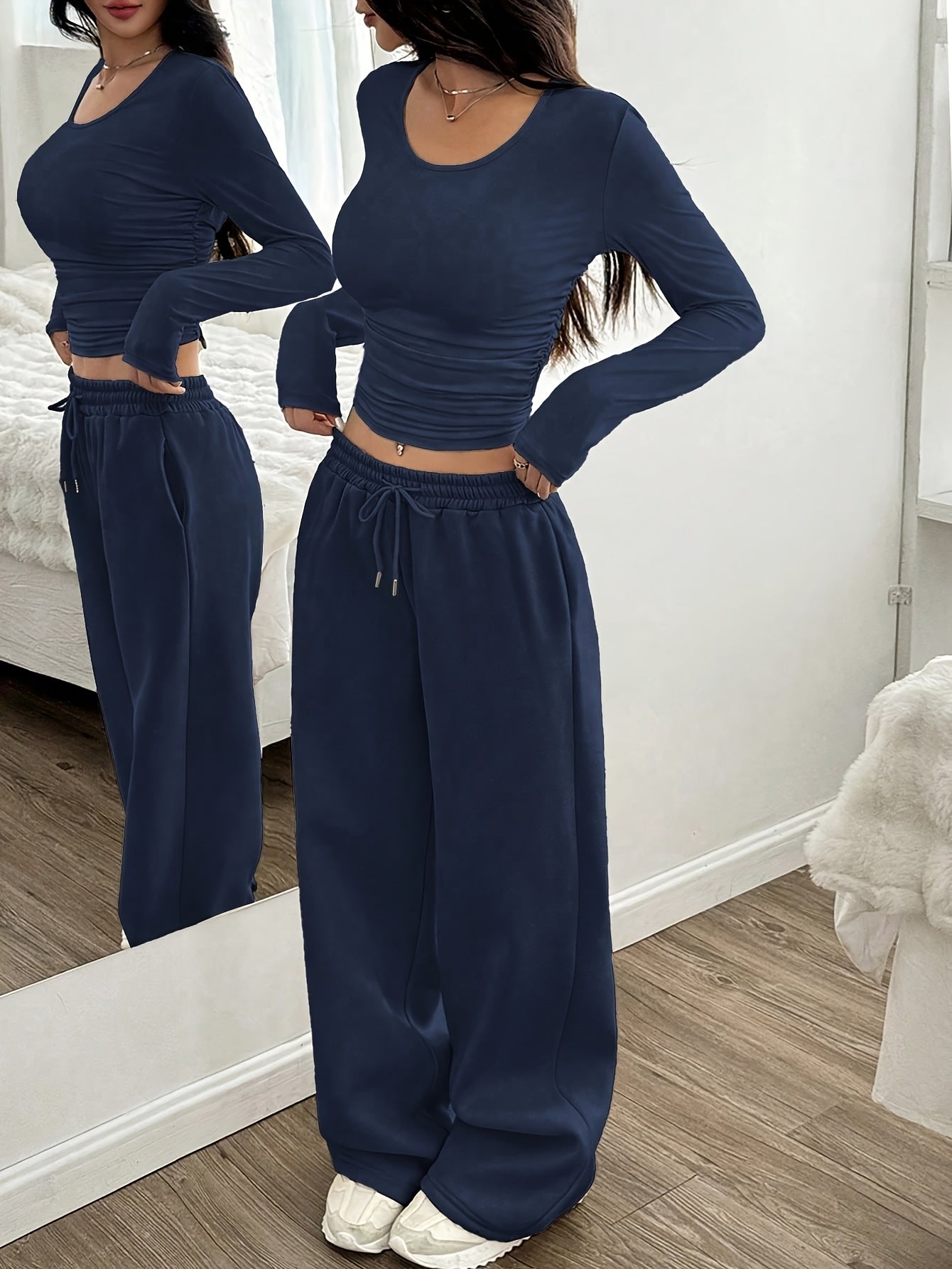 Effortless Wide Leg Set for Women with Round Neck Long Sleeve Ruched Drawstring Two Piece Style