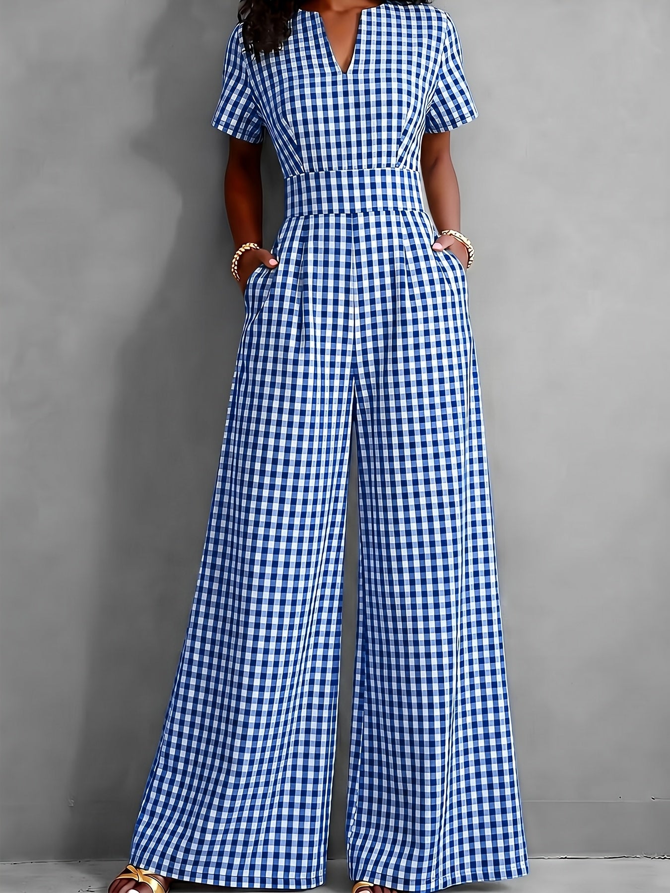 Effortless Gingham Wide Leg Jumpsuit for Women with V Neck Short Sleeve Pleated Pocket Casual Style