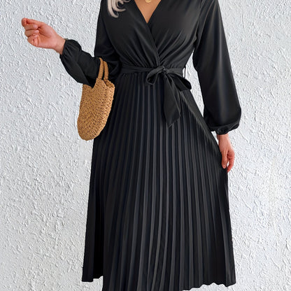 Elegant Pleated Wrap Maxi Dress for Women with V Neck Bishop Sleeve Belted Flowing Style