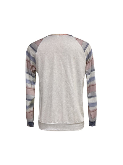 Comfortable Apricot Cat Print Sweatshirt for Women with Crew Neck Long Sleeve Striped Raglan Relaxed Style