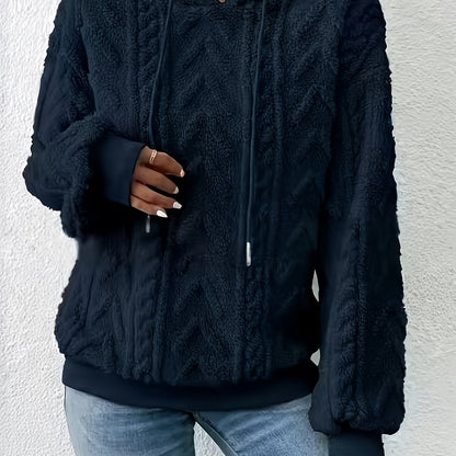 Comfortable Cable Knit Fleece Hoodie for Women with Drawstring Hood Long Sleeve Ribbed Cuff Oversized Style