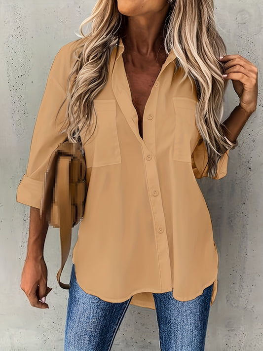 Effortless Button Front Blouse for Women with Collar V Neck Long Sleeve Relaxed Style