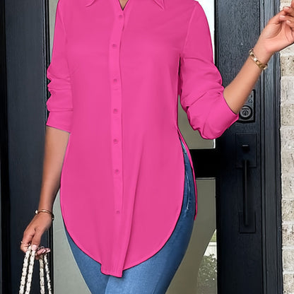 Effortless Tunic Blouse for Women with Collar Long Sleeve Button Front High Low Hem Style
