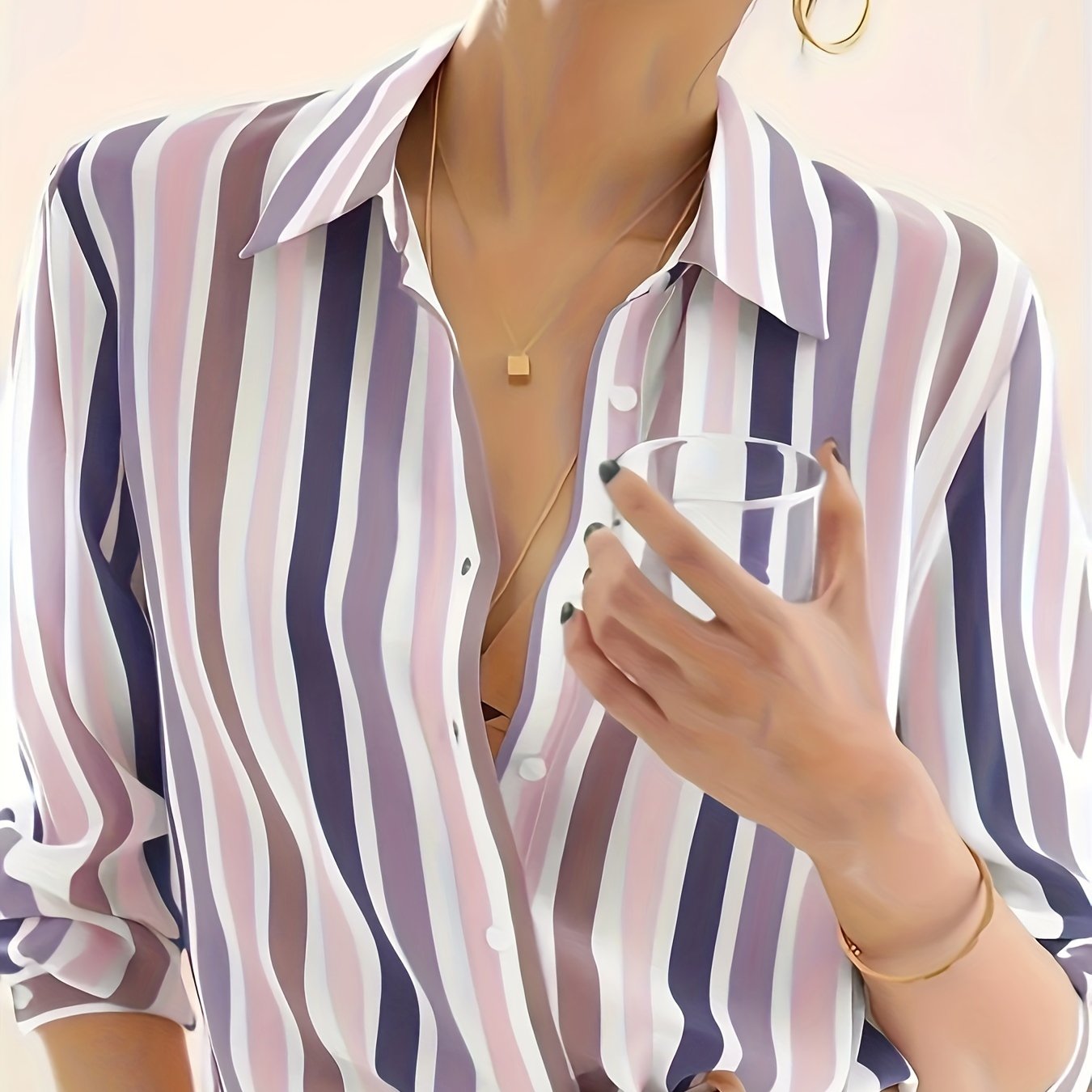 Effortless Striped Blouse for Women with Collar Long Sleeve Button Front Relaxed Style