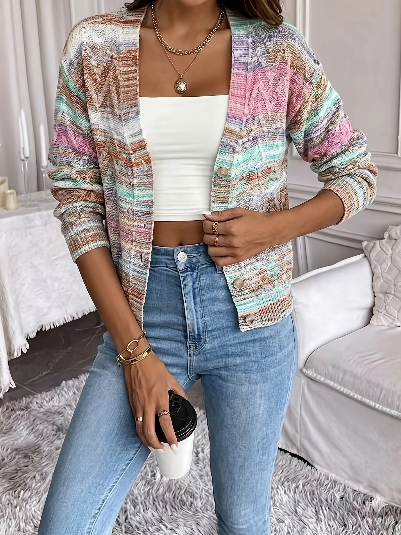 Comfortable Space Dye Cardigan Sweater for Women with V Neck Long Sleeve Button Front Cropped Knit Style