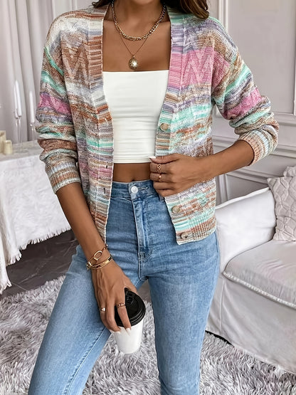 Comfortable Space Dye Cardigan Sweater for Women with V Neck Long Sleeve Button Front Cropped Knit Style
