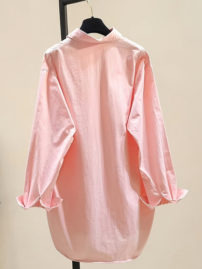 Effortless Oversized Blouse for Women with Point Collar Long Sleeve High Low Curved Hem Relaxed Style