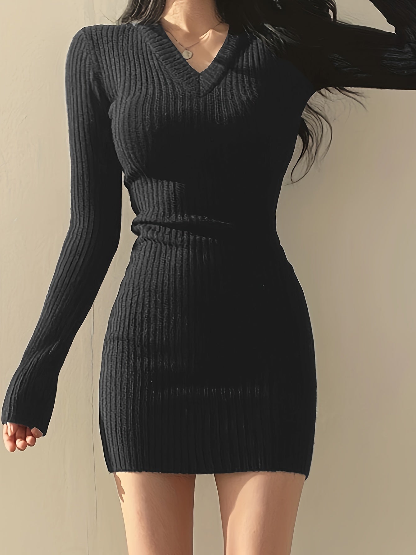 Elegant Ribbed Sweater Mini Dress for Women with V Neck Long Sleeve Bodycon Knit Style