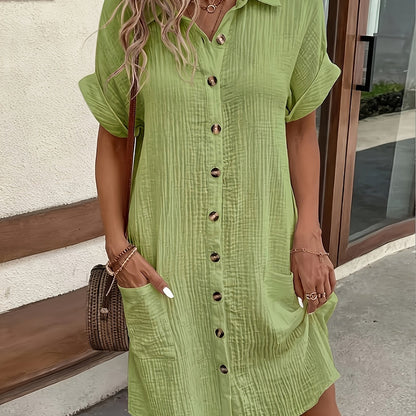 Effortless Textured Cotton Shirt Dress for Women with Collar Short Sleeve Button Front Relaxed Casual Style