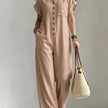Effortless Linen Wide Leg Jumpsuit for Women with Collar Short Sleeve Button Front Relaxed Style