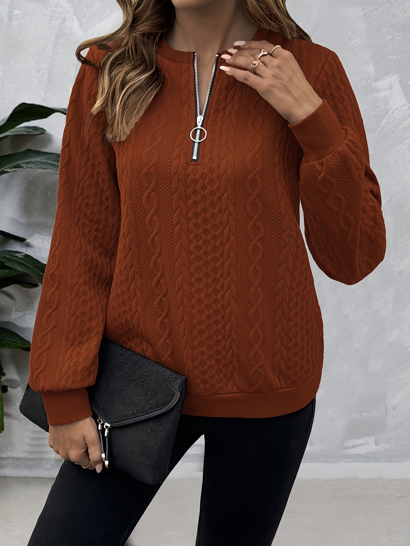 Comfortable Cable Knit Sweater for Women with Quarter Zip Mock Neck Long Sleeve Relaxed Casual Style