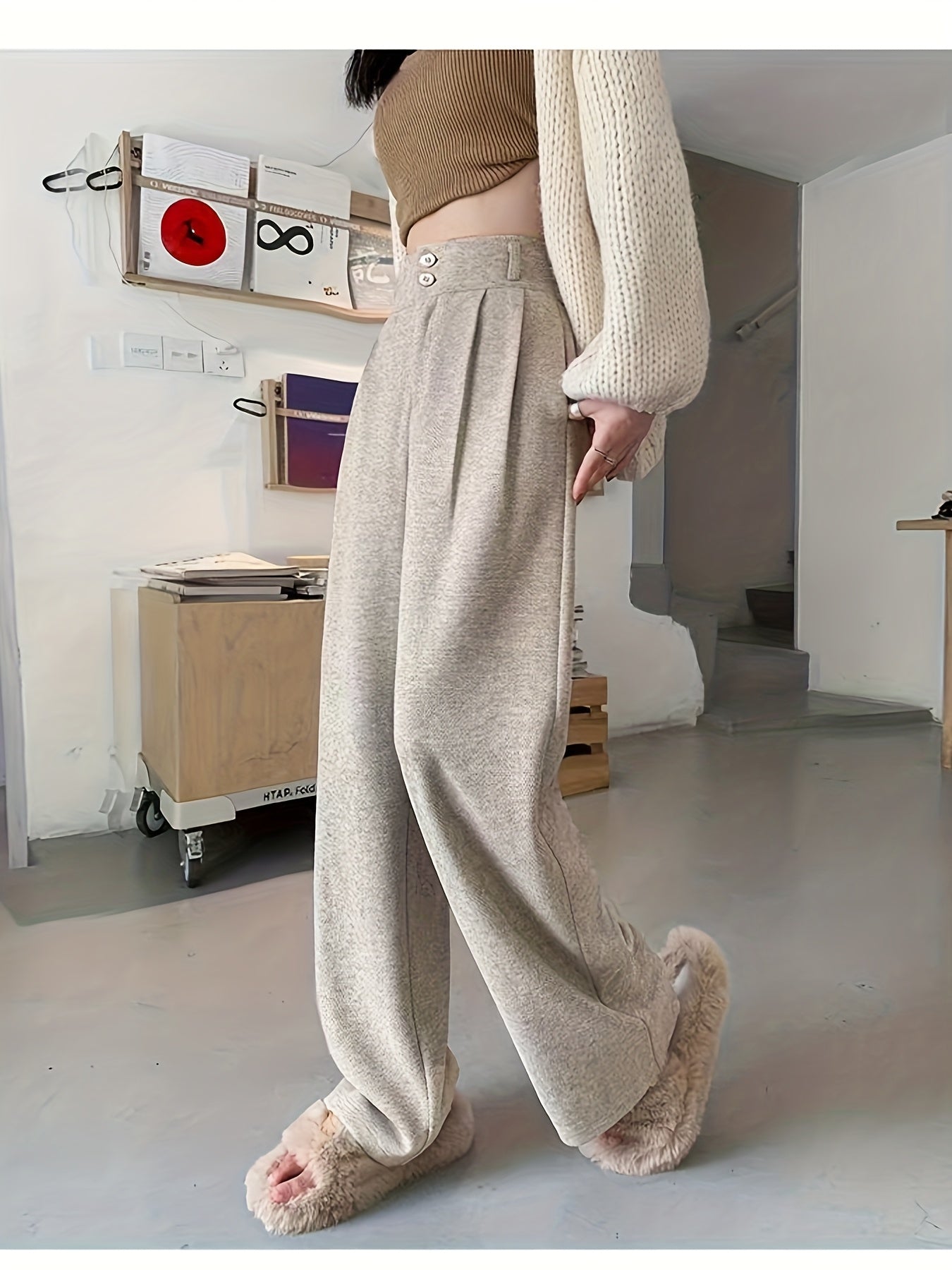 Effortless Herringbone Wide Leg Pant for Women with High Waist Button Front Pleated Tailored Style