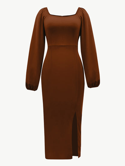 Elegant Bodycon Midi Dress for Women with Square Neck Long Puff Sleeve Side Slit Cocktail Style