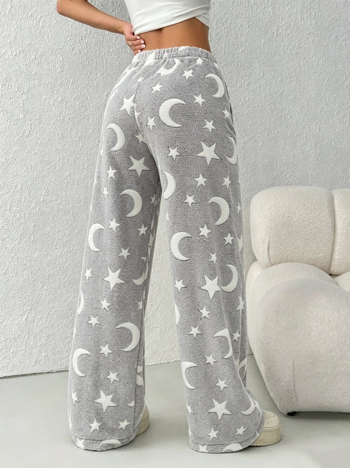 Comfortable Star Print Fleece Pajama Pants for Women with High Waist Drawstring Wide Leg Relaxed Style