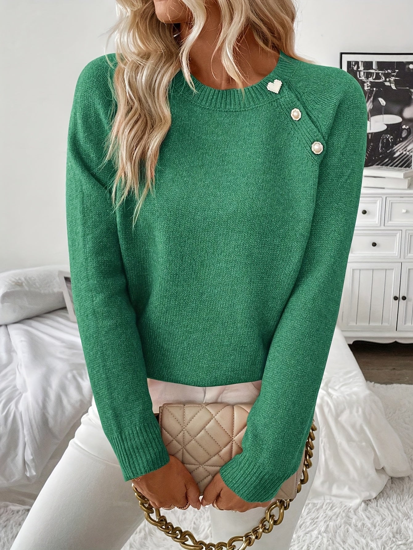 Elegant Pearl Button Sweater for Women with Crew Neck Long Sleeve Cropped Relaxed Knit Style