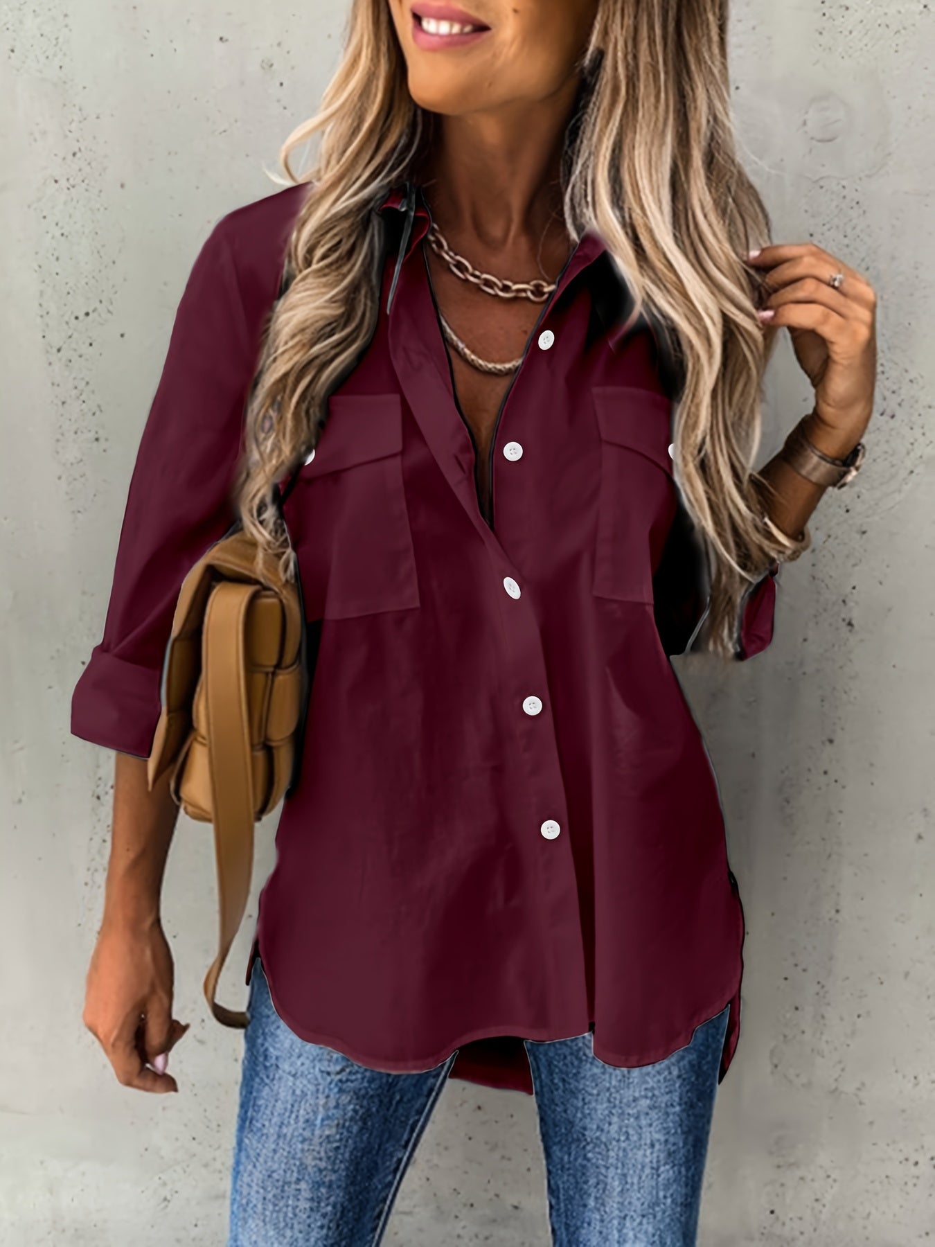 Effortless Utility Blouse for Women with Collar Long Sleeve Button Front Patch Pocket Relaxed Style