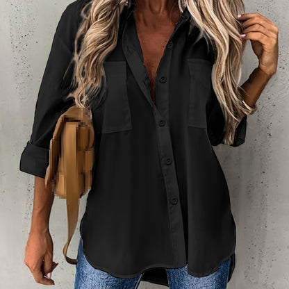 Effortless Button Front Blouse for Women with Collar V Neck Long Sleeve Relaxed Style