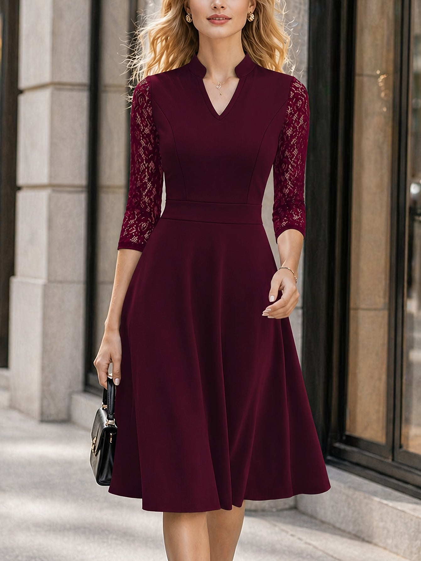 Elegant Lace Midi Dress for Women with V Neck Elbow Sleeve Fit and Flare Cocktail Style