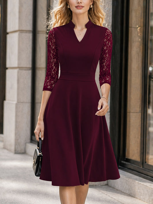 Elegant Lace Midi Dress for Women with V Neck Elbow Sleeve Fit and Flare Cocktail Style
