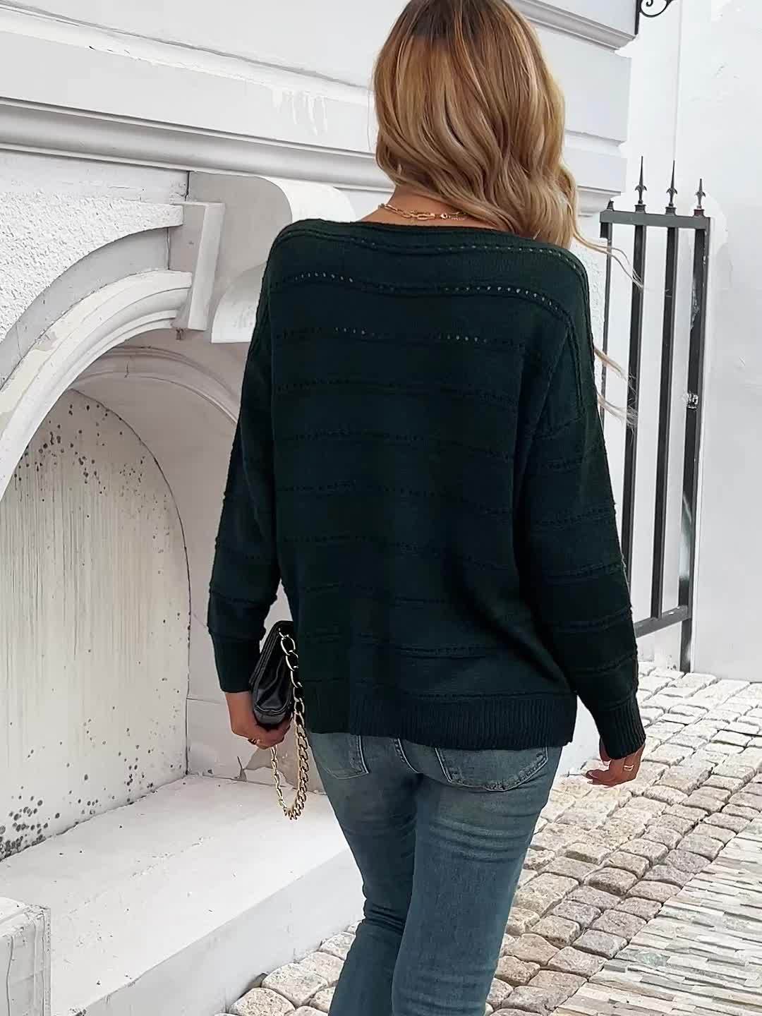 Comfortable Striped Pointelle Sweater for Women with Boat Neck Long Sleeve Drop Shoulder Oversized Knit Style