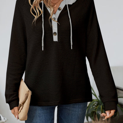 Effortless Waffle Knit Hoodie for Women with Drawstring Hood Long Sleeve Button Placket Relaxed Style