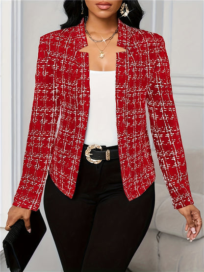 Elegant Plaid Tweed Blazer for Women with Lapel Collar Long Sleeve Open Front Cropped Casual Style