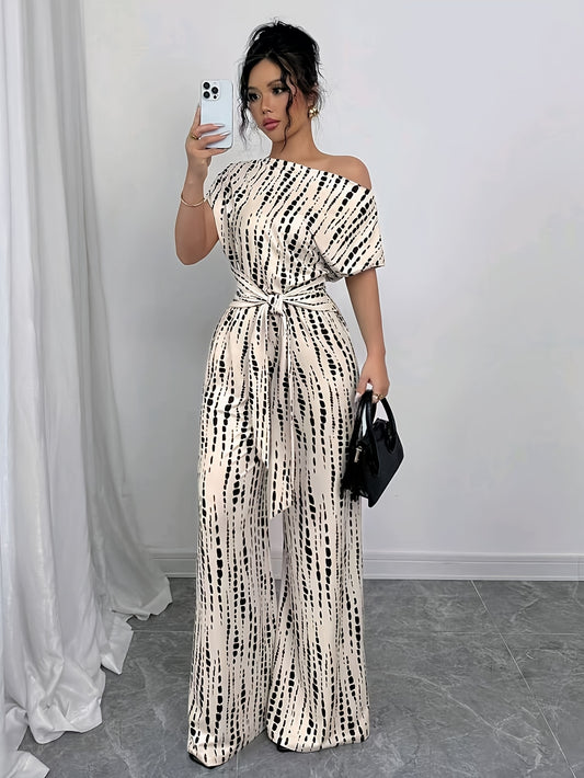 Elegant Apricot Abstract Print Jumpsuit for Women with One Shoulder Short Sleeve Belted Wide Leg Style