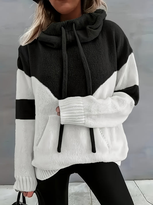Comfortable Colorblock Sweater for Women with Cowl Neck Long Sleeve Drawstring Oversized Knit Style