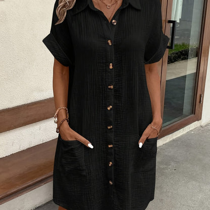 Effortless Textured Cotton Shirt Dress for Women with Collar Short Sleeve Button Front Relaxed Casual Style