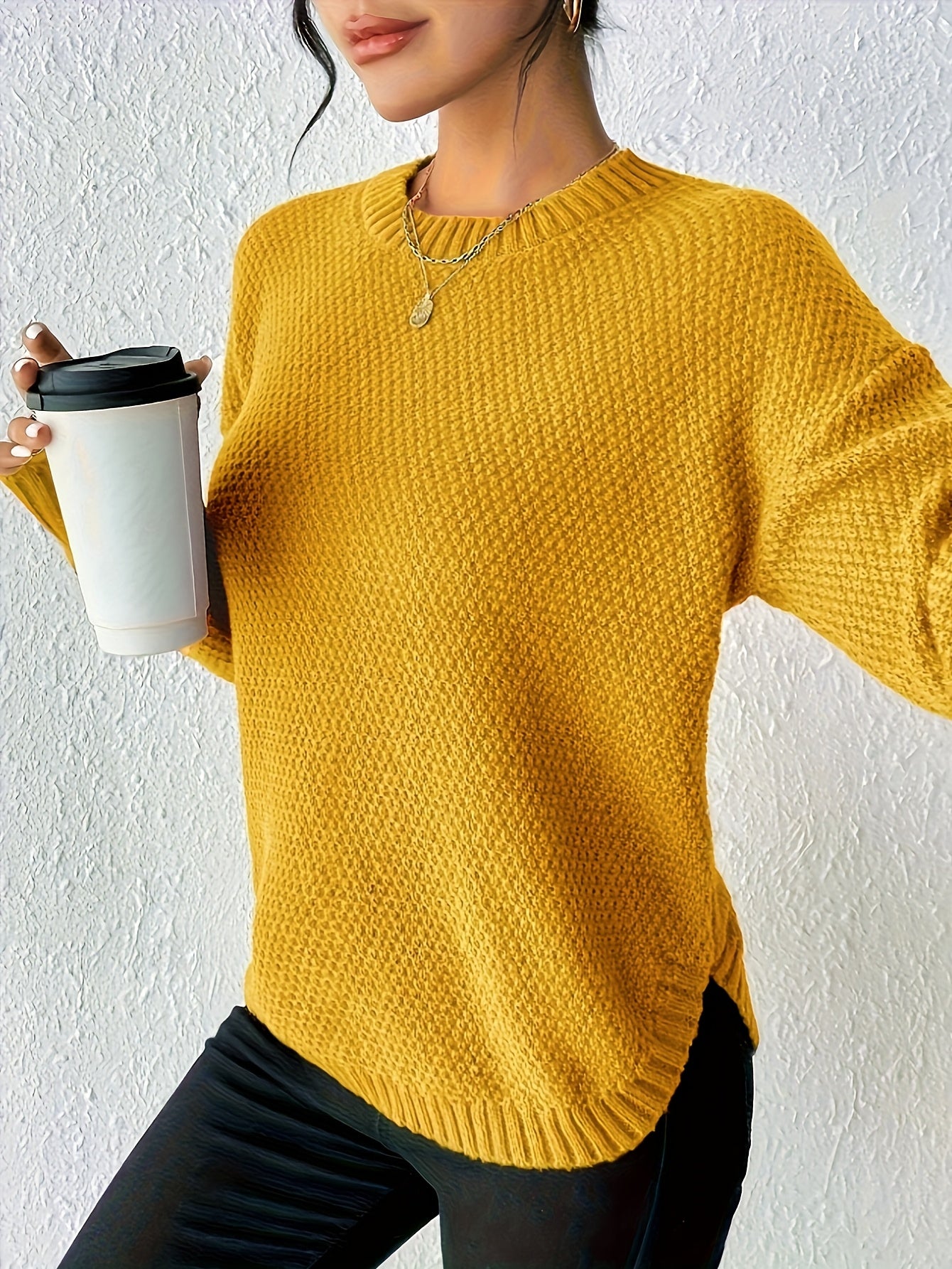 Comfortable Waffle Knit Sweater for Women with Crew Neck Long Sleeve Relaxed Oversized Casual Style